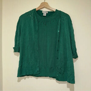 Women’s Vintage Dué Per Dué Brand Silk Green Beaded Tank Top Cardigan Size: XL